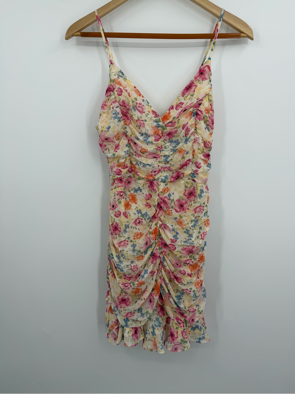 Astr Floral Ruched Slip Dress In Cream, Pink, Orange, Blue